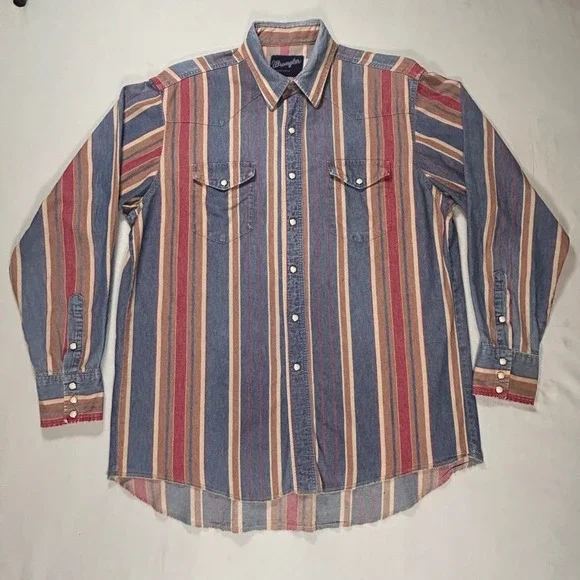 Wrangler Mens Western Brushpopper Shirt Striped Long Sleeve Pearl Snap VTG - Picture 2 of 9
